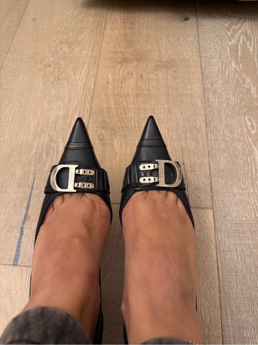 Dior vintage Black Pointed Leather Flats with Silver Buckle